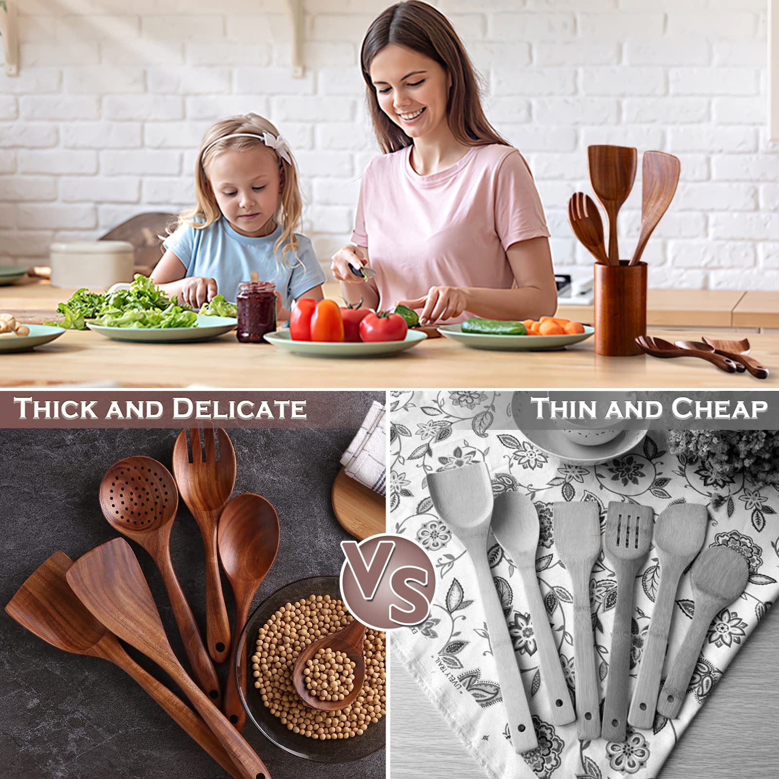 Set 5 Cucchiai In Legno Di Acacia - Utensili Da Cucina Per Pentole Antiaderenti - Con Foro Per Appendere - Fatto A Mano - 2