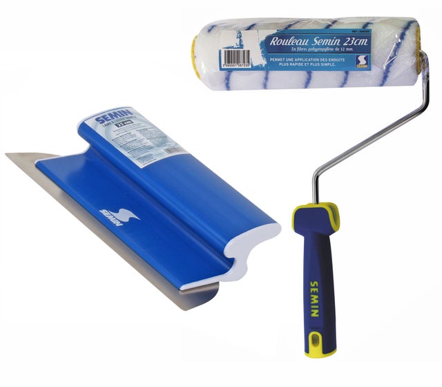 Lame pour enduire et lisser CE 78 Semin - 25 cm et un rouleau pour application d'enduit ou de peinture Semin - 23 cm