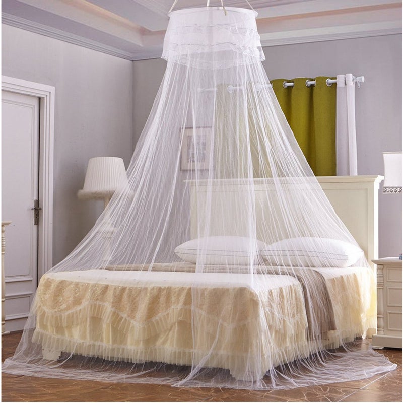Biała moskitiera na łóżko z ozdobną koronką, w stylu baldachimu księżniczki, na łóżka typu Twin, Full, Queen, King, siatka chroniąca przed owadami