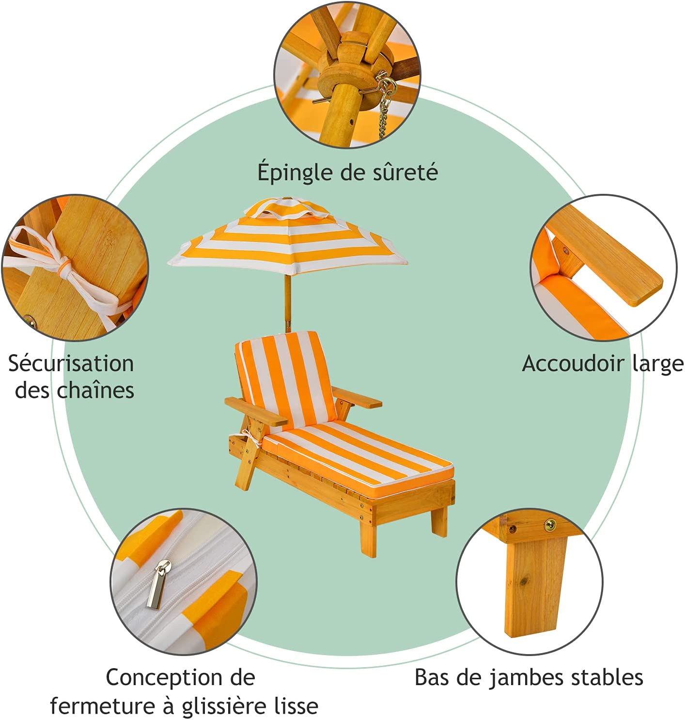 Chaise longue pour enfants 3-8 ans avec parasol amovible&nbsp;coussin lavable charge 50kg rayures - 2