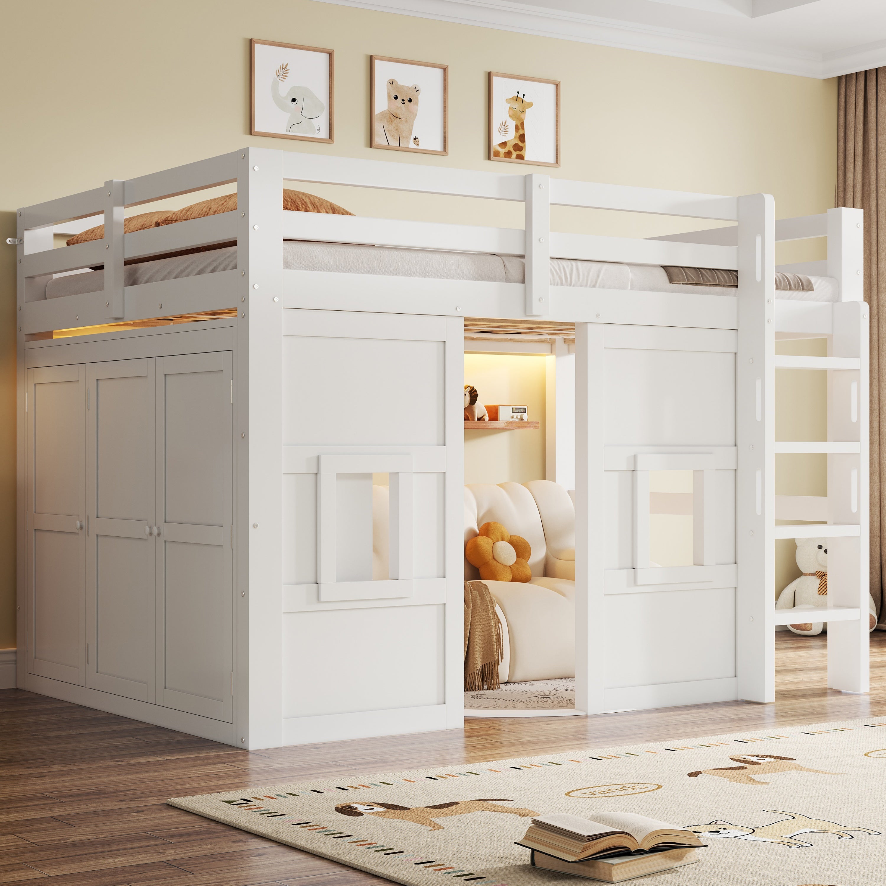 Lit mezzanine 140 x 200 cm avec armoire et 2 fenêtres - MDF + pin - LEDs - Blanc (Sans matelas) - 2