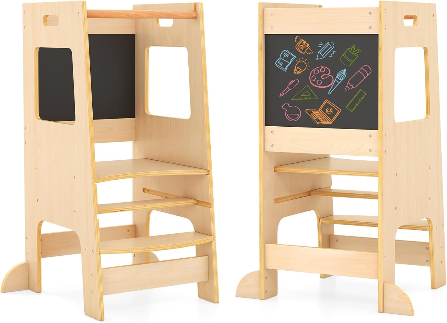 Tour D'observation Montessori GOPLUS Avec Tableau Noir - Marchepied Réglable Sécurisé Pour Enfants Dès 1 An, Jusqu'à 60 Kg