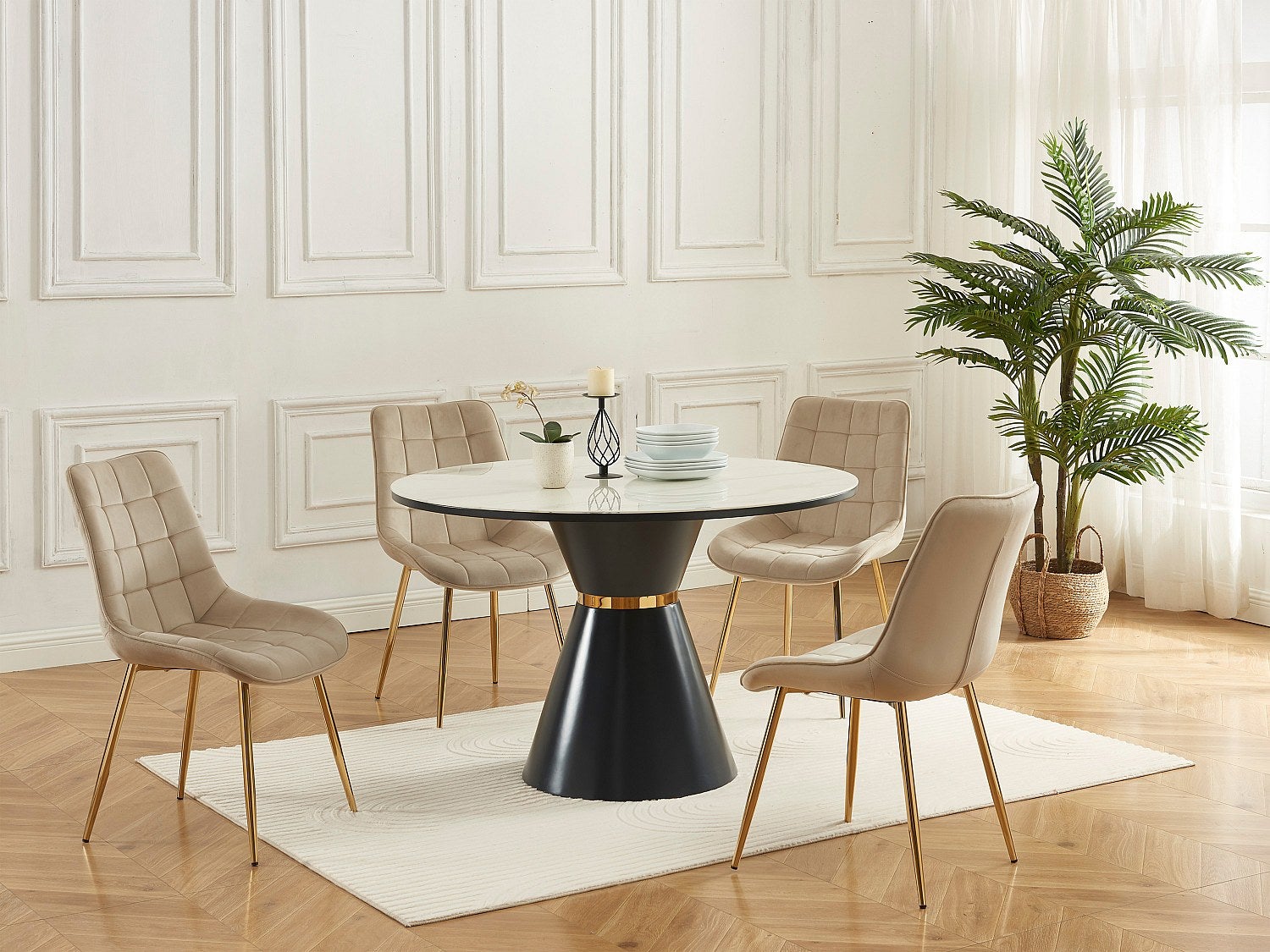 Zestaw 6 krzeseł przeszywanych z weluru i złotego metalu - Beżowy - OLLUA