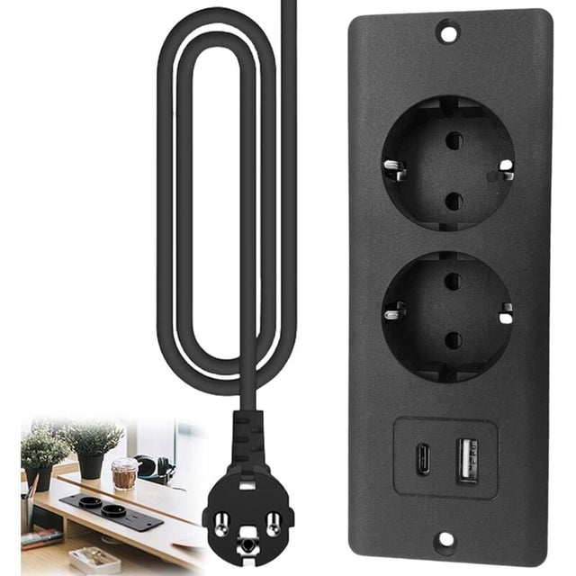 Tomada de mesa embutida, régua de energia embutida com 1 porta USB e 1 porta Tipo-C, PD20W, para móveis ou bancadas - Preta