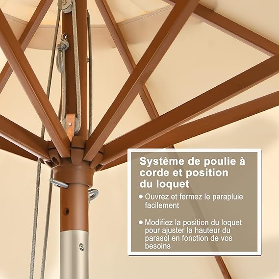 parasol inclinable ø2,7m toile polyester imperméable avec cordon de serrage 8 baleines ventilation pour jardin cour beige - 6