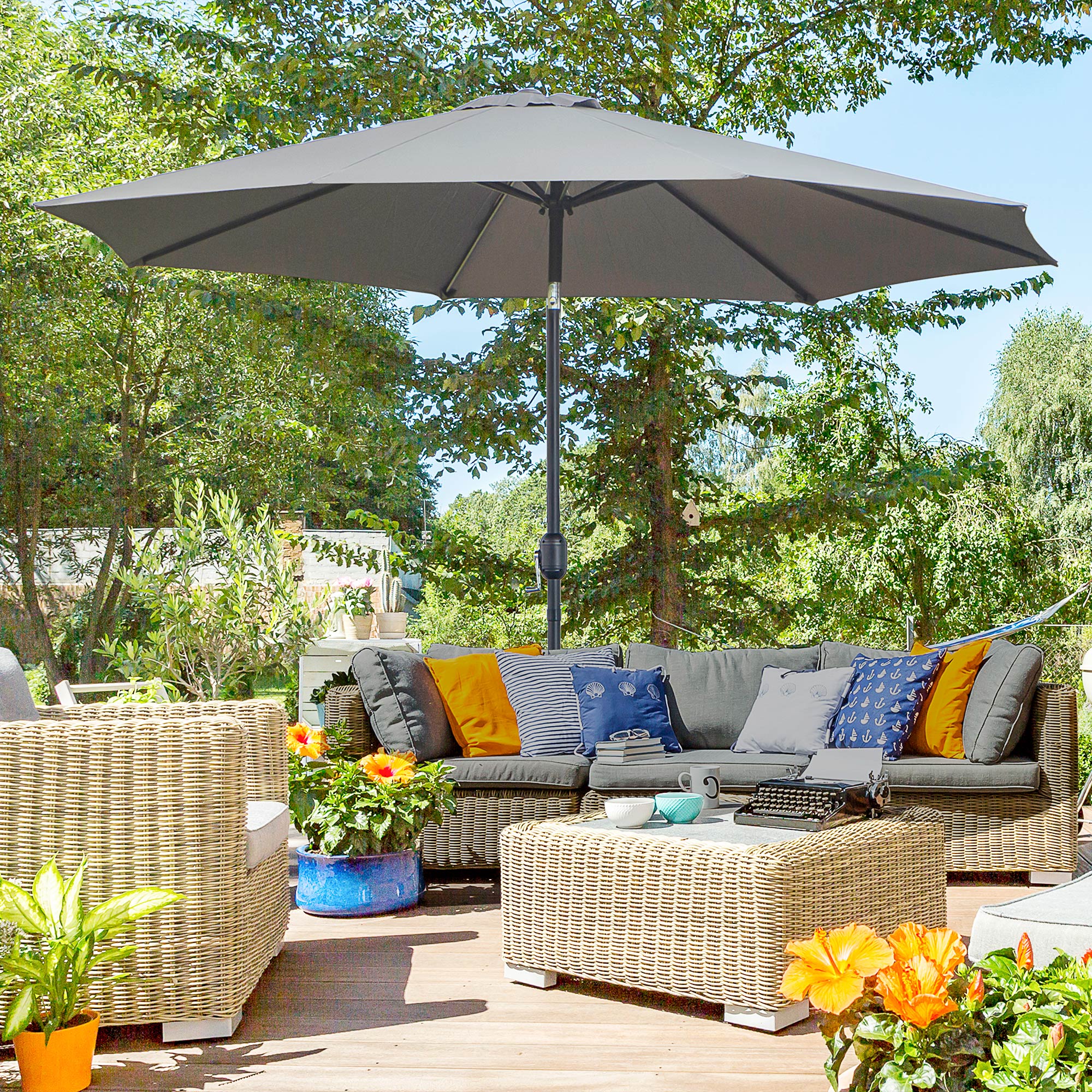 Parasol jardin Ø295x250 cm manivelle basculante, poteau métal amovible, gris foncé - 3