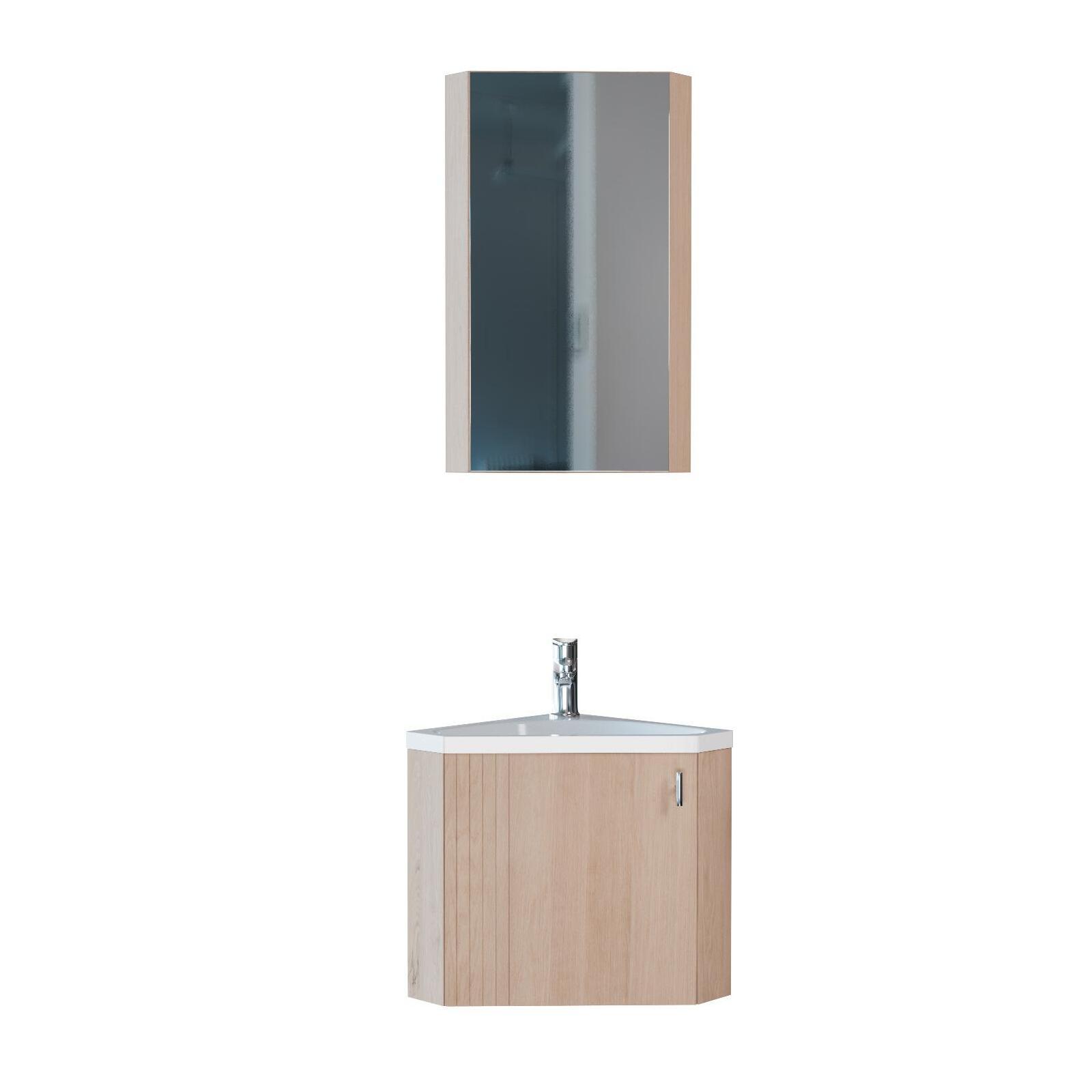 Ensemble meuble lave-mains d'angle décor chêne KODA + armoire miroir - 2