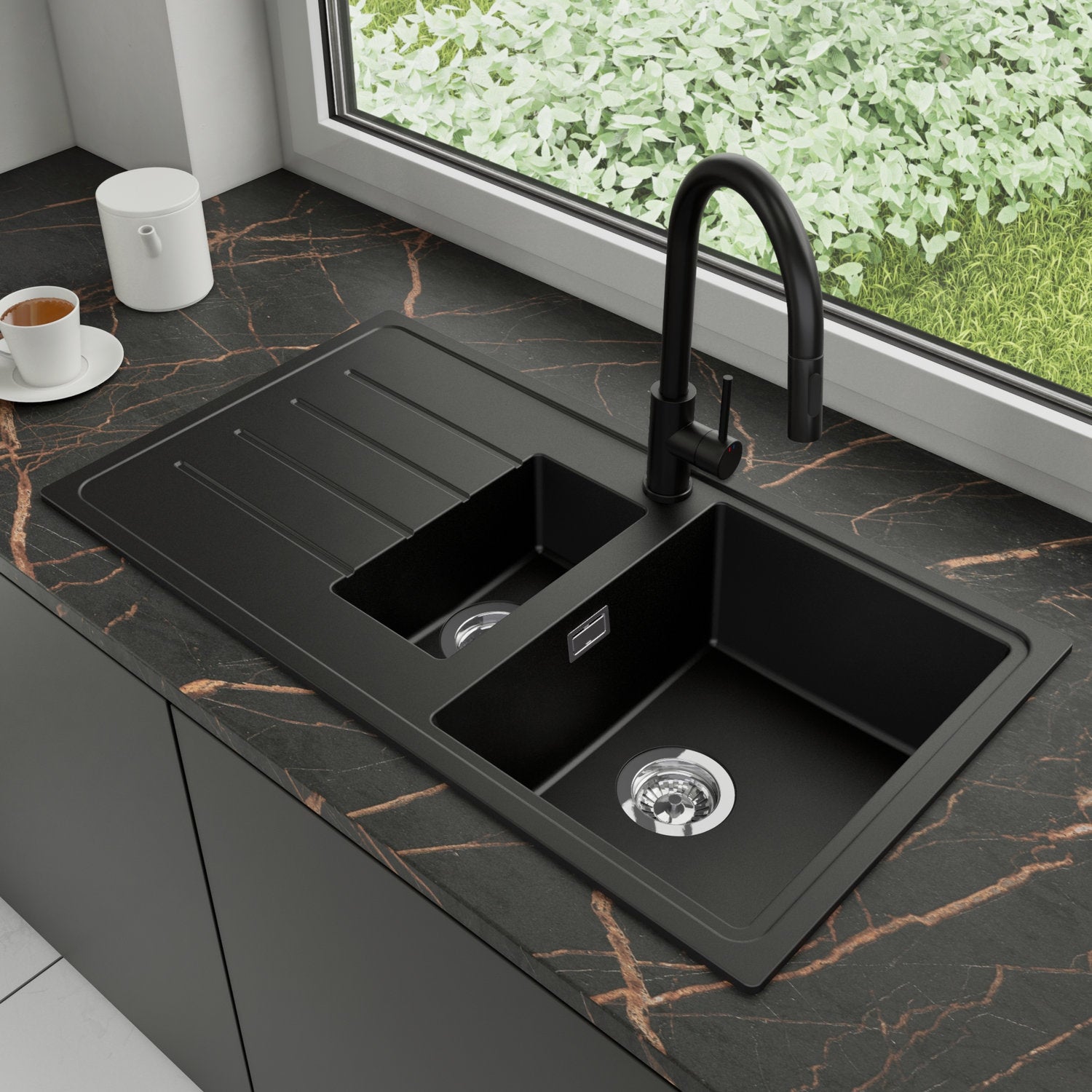 Zlewozmywak Granitowy 90x50cm, do szafki od 60cm + Bateria + Syfon - Ametyst Czarny STONESTYLE