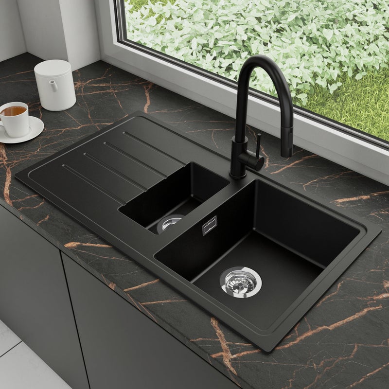 Zlewozmywak Granitowy 90x50cm, do szafki od 60cm + Bateria + Syfon - Ametyst Czarny STONESTYLE