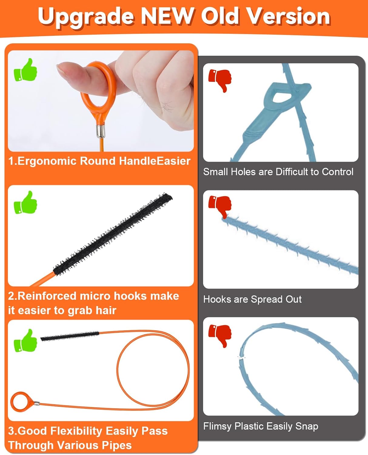 Set di 3 punte per la pulizia degli scarichi, 81 cm - Rivestimento in nylon antirottura, rimuove i capelli da doccia/vasca/lavandino - 5