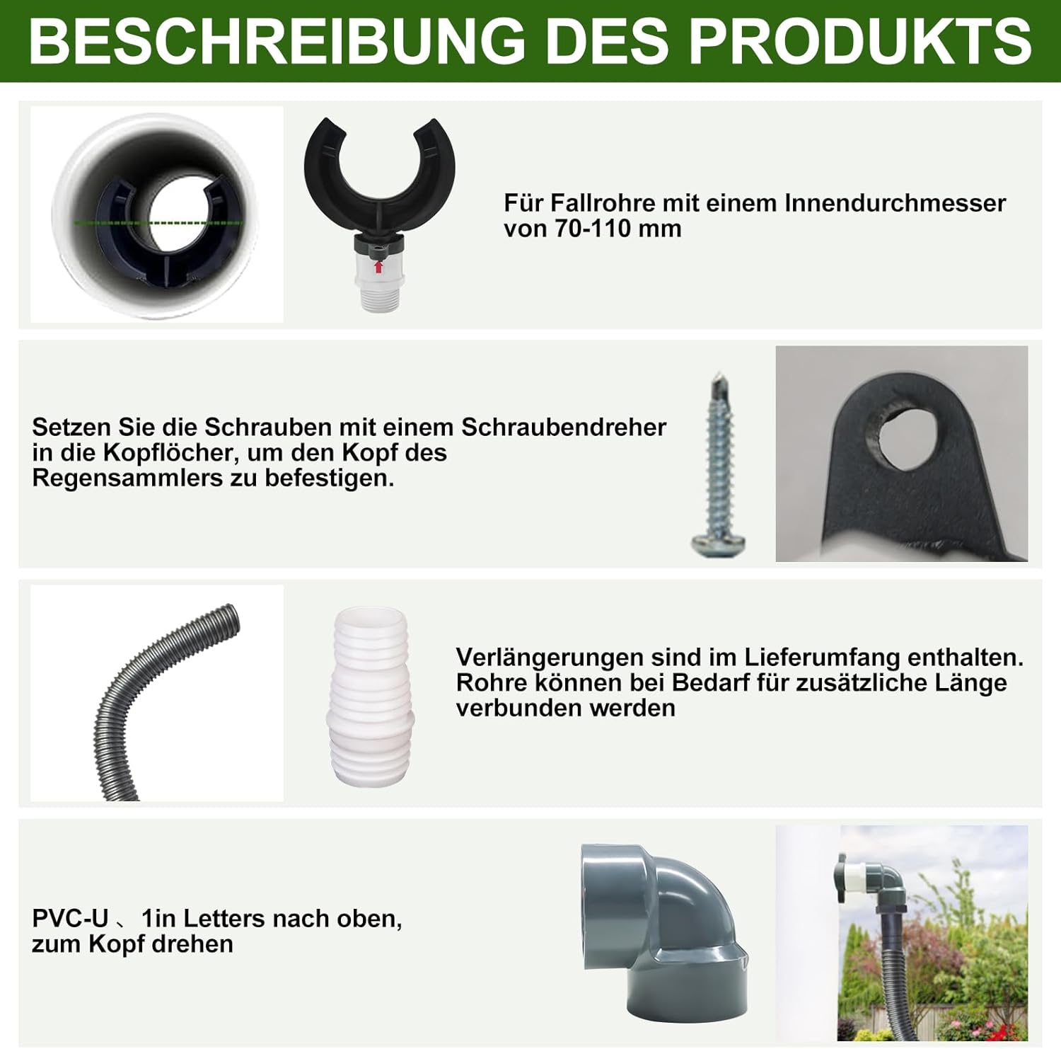 Récupérateur d'Eau de Pluie pour Tuyau de Descente Ø 70-110mm, Collecteur pour Gouttière avec Tuyau 50cm - 5
