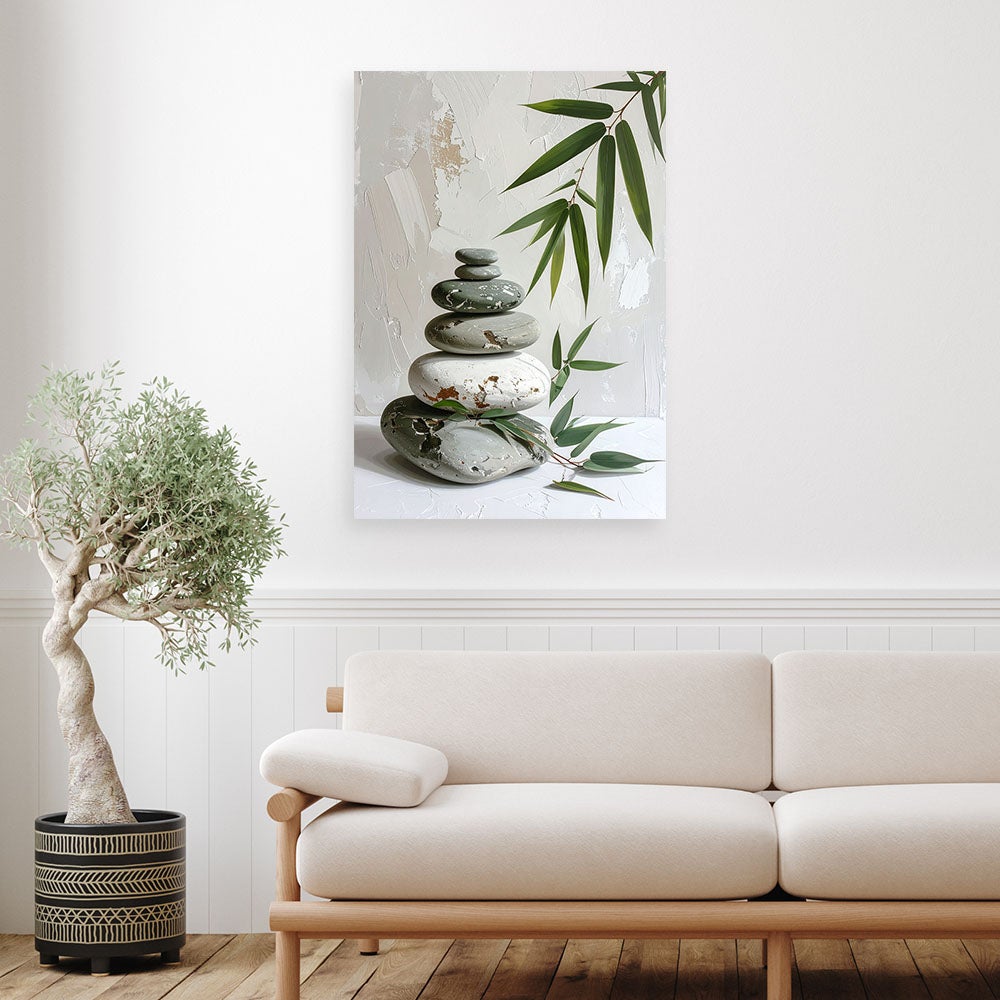 Obraz nowoczesny do salonu, Kamienie zen spa liście bambusa w beżu 70x100 - 2