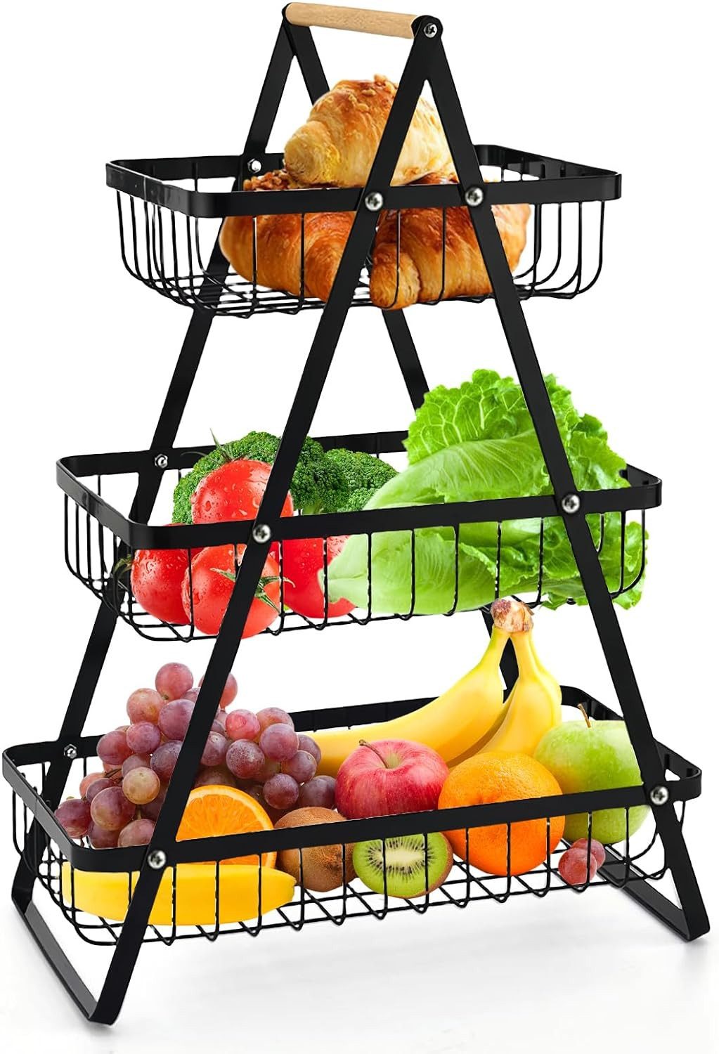 Wyjmowany 3-poziomowy kosz na owoce, metalowy pojemnik na owoce o dużej pojemności, pojemnik na warzywa, kosz na przekąski, przenośny uchwyt