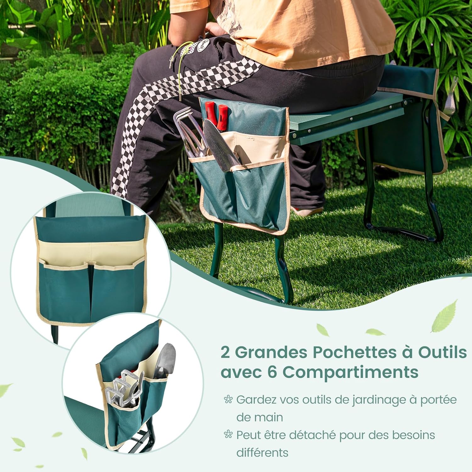 Tabouret de Jardinage Pliable avec Coussin EVA, Genouillère de Jardin, Cadre en Métal avec 2 Grande Pochette à Outils Charge 150KG - 7