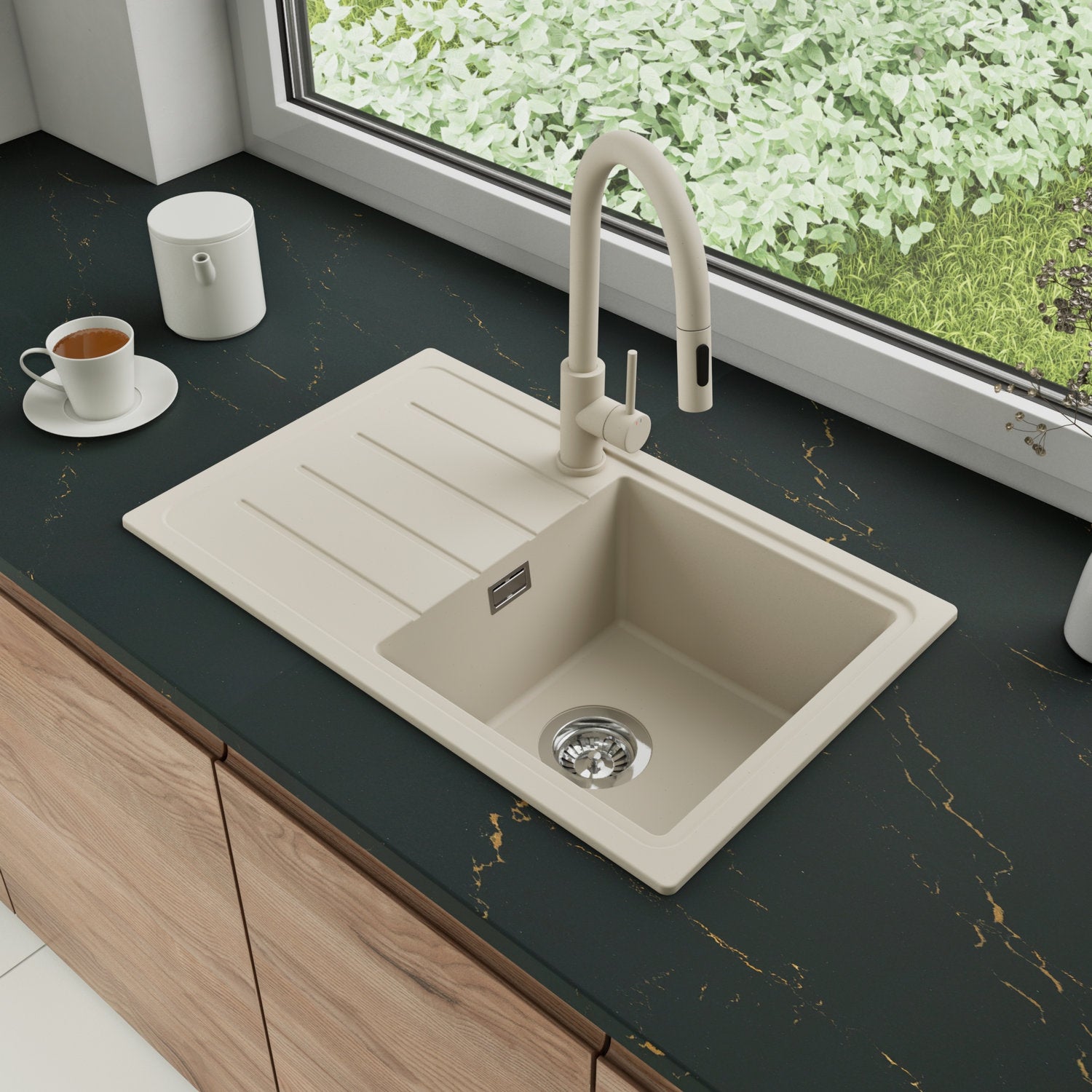 Zlewozmywak Granitowy 70x44cm, do szafki od 45cm + Bateria + Syfon - Ametyst Beżowy STONESTYLE