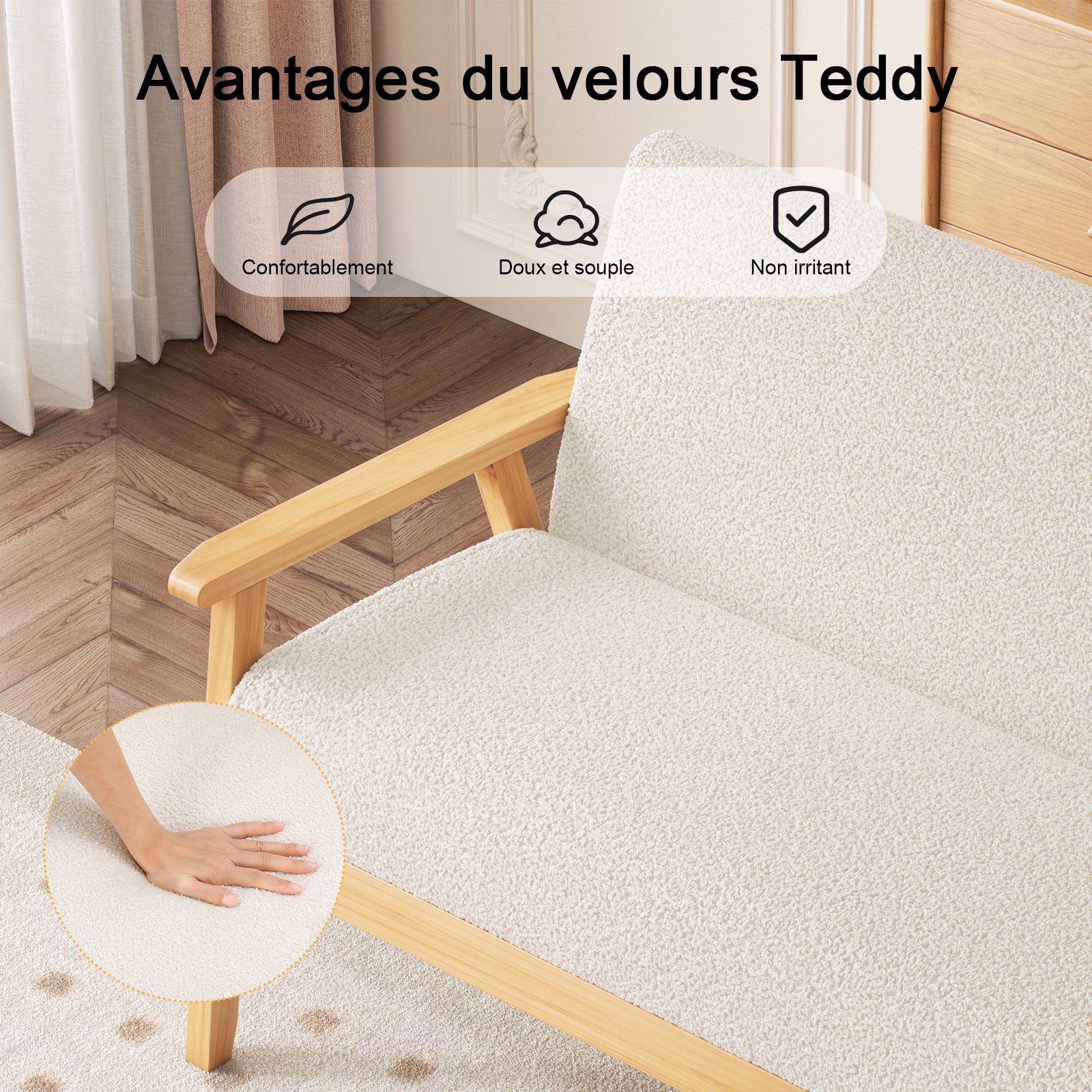 Canapé 2 Places en Velours Teddy Confortable pour Salon,Pieds en Bois,Fauteuil Simple Scandinave,107x60x76cm，Beige - 2