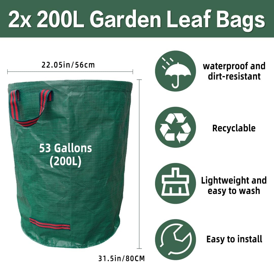 2x200L Sac à Déchets Verts de Jardin Réutilisable avec Poignée - Résistant, Indéchirable, pour Végétaux, Feuilles, Pelouse Coupée,Ultra Load Bearing - 2