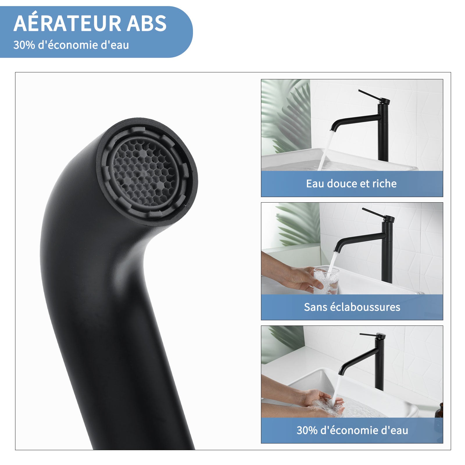 Mitigeur de Lavabo Noir Haut Bec en Inox SUS304 Robinet Salle de Bain Pivotant 360° Robinetterie Design Moderne pour Vasque - 3