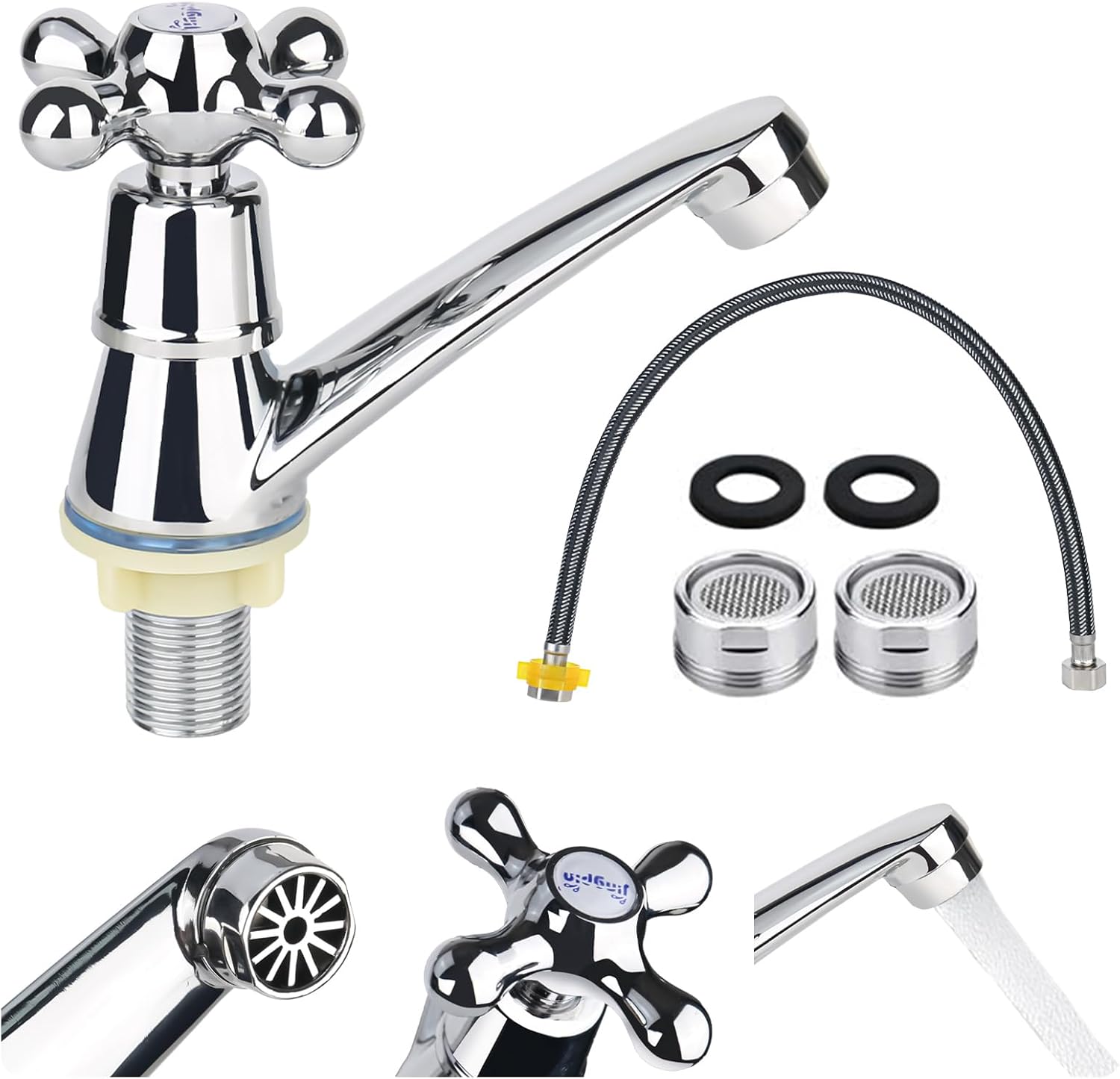 Bateria łazienkowa kaskadowa jednouchwytowa - Zimna woda - Chromowana - Uchwyt krzyżowy z filtrem - Łatwy montaż