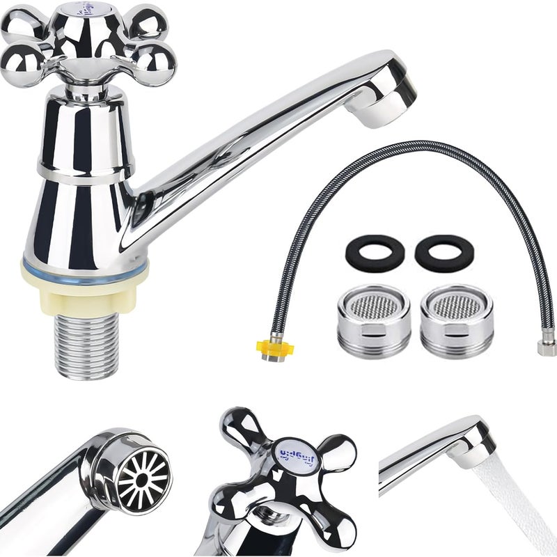 Bateria łazienkowa kaskadowa jednouchwytowa - Zimna woda - Chromowana - Uchwyt krzyżowy z filtrem - Łatwy montaż