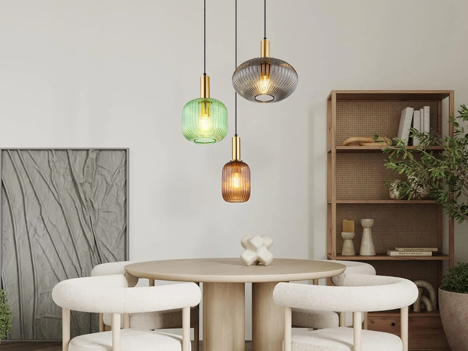 Suspension unique avec 3 abat-jours en verre cannelé, multicolore, diamètre 125 cm - 5