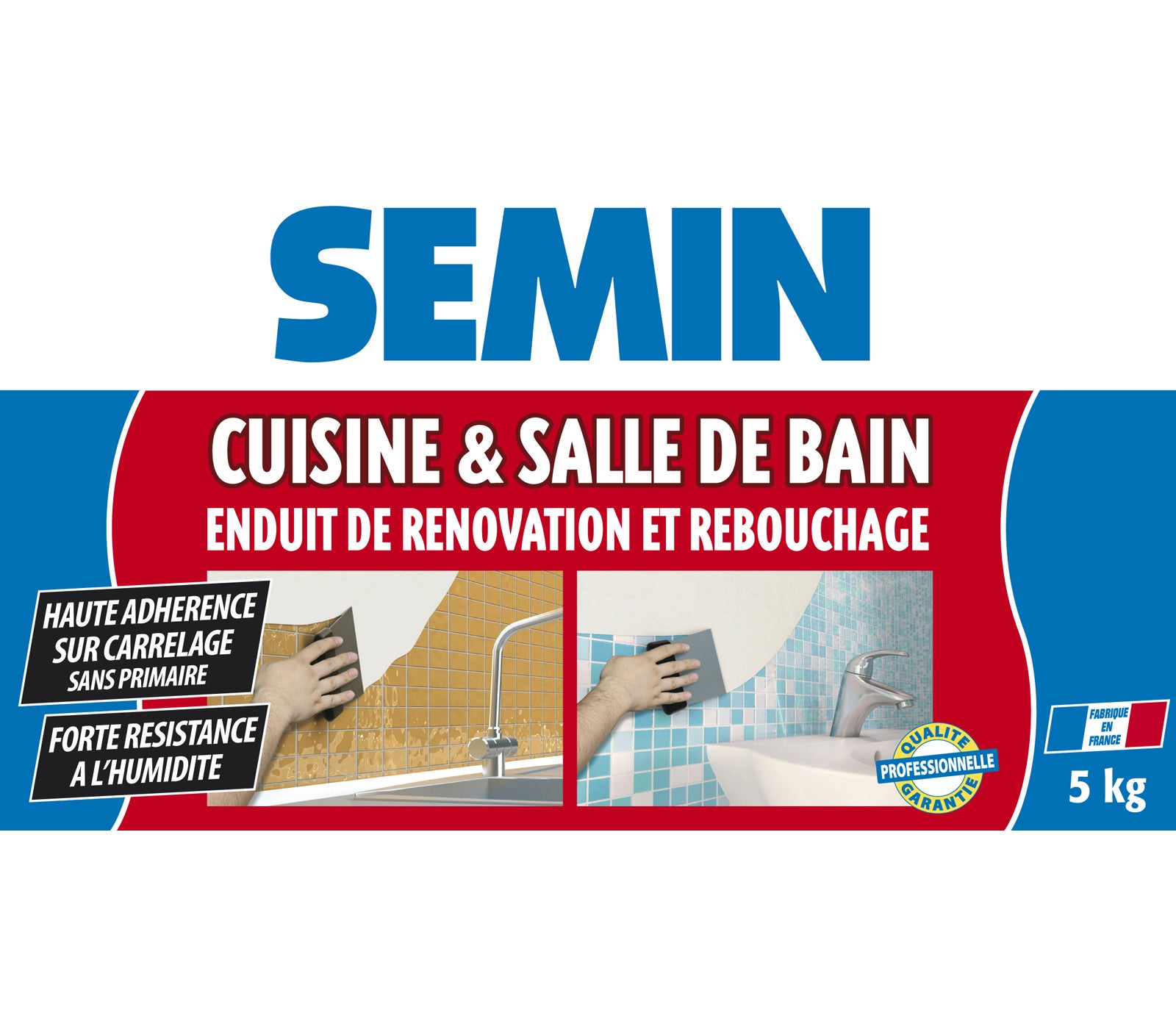 Lot de 2 enduits de rebouchage et rénovation spécial cuisine et salle de bain Semin - adapté aux pièces humides - seau de 5 kg - 3