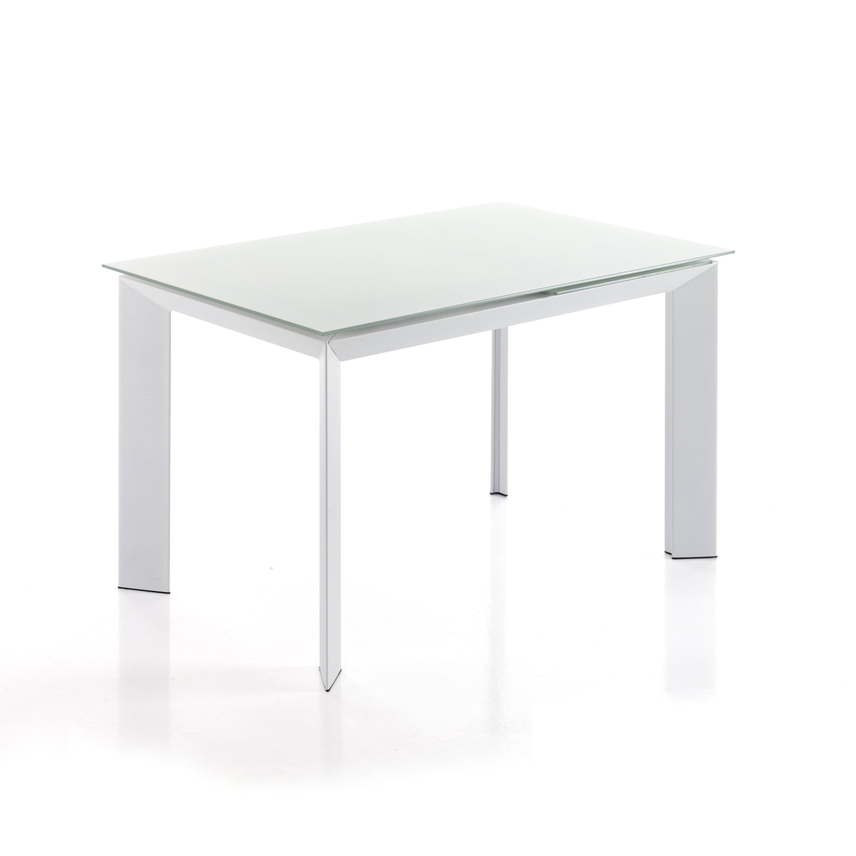 Stół rozkładany BLADE 120 WHITE - biały szklany blat, nogi metalowe, 120-170 cm, idealny do jadalni