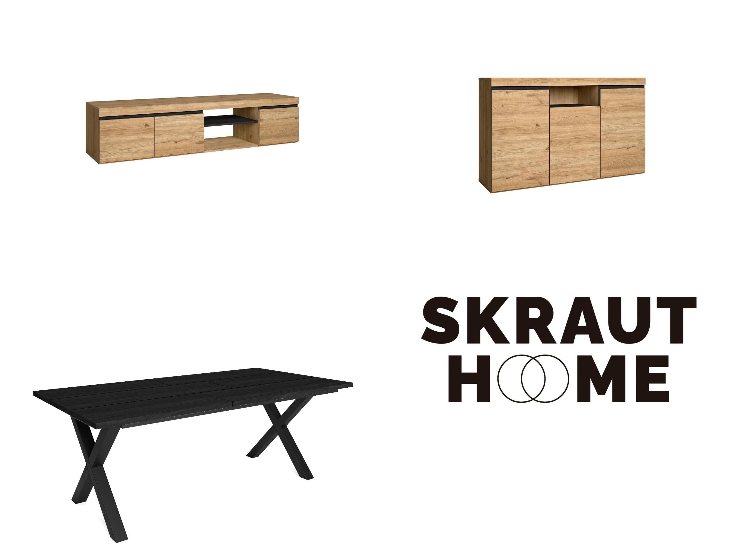 Skraut Home Set Soggiorno – Tavolo 200 Per 10, TV 120, Credenza 140, Stile Industriale Rovere E Nero