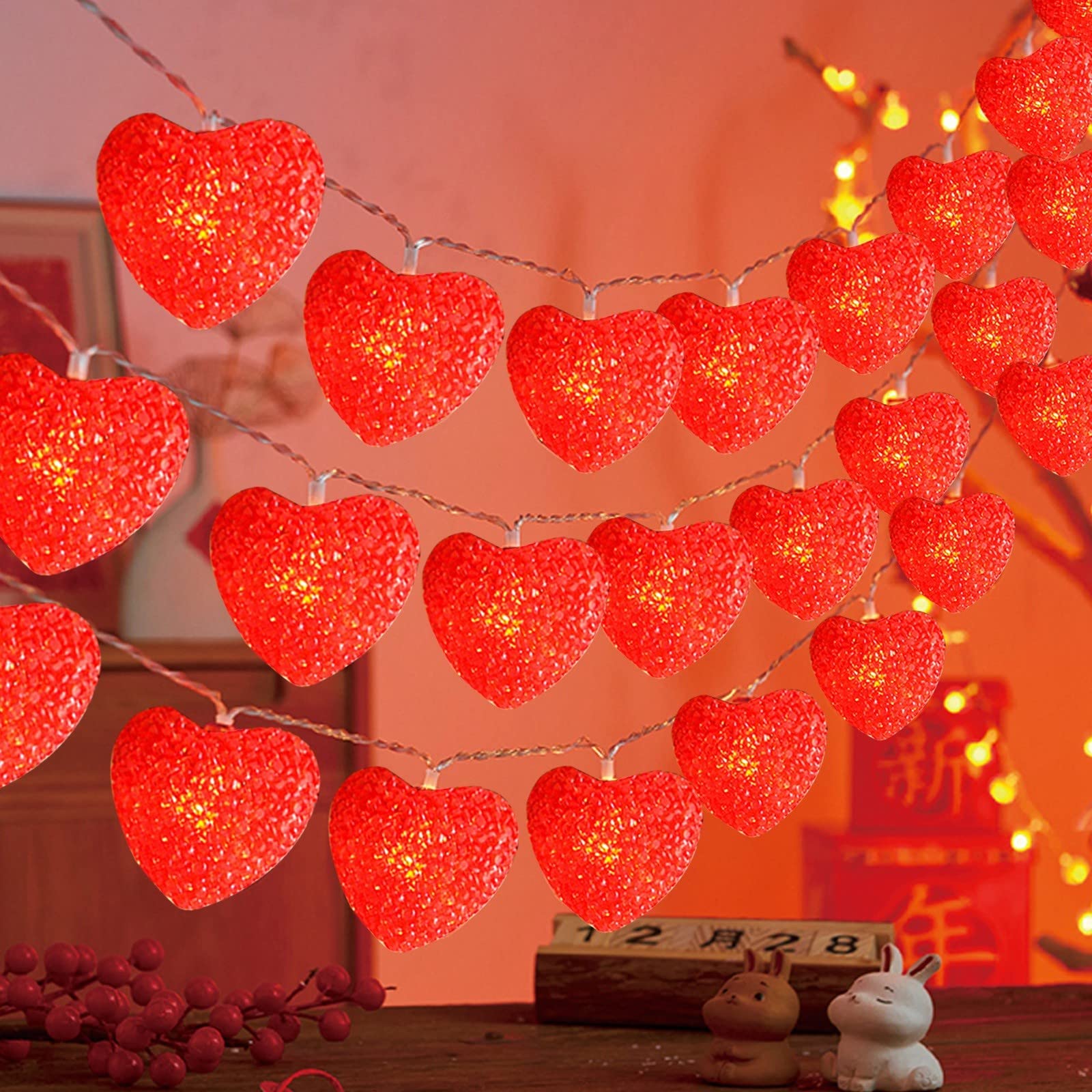 Dekoracje na Walentynki, girlanda świetlna, 6m - 40 LED, girlanda świetlna w kształcie czerwonego serca, migoczące światełka w kształcie serca USB