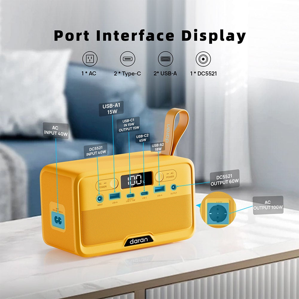 Station d'Énergie Portable DaranEner YOUYO R100 100W, 89.6Wh LiFePO4, Compacte avec LED - Jaune - 2