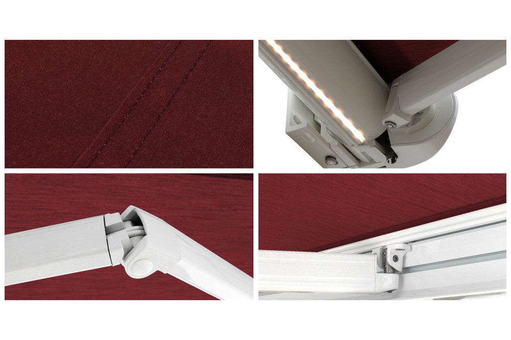 Store banne Coffre intégral PROTECT 2 LED Blanc 5x3,5m Motorisé à télécommande + Eclairage LED - Toile Rouge - 5