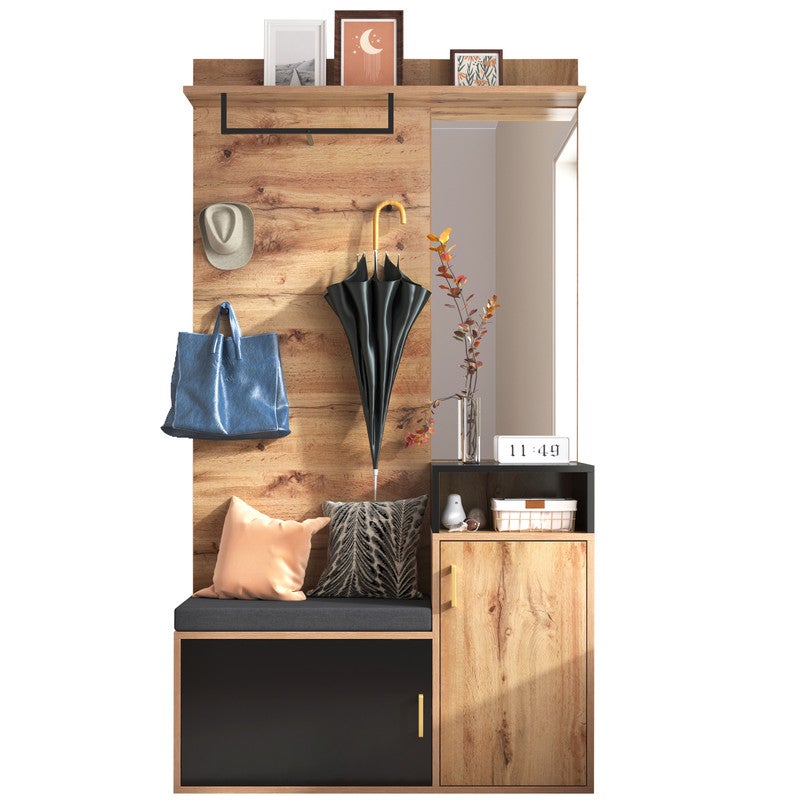Vestiaire Entrée avec Banc Miroir Porte-Chaussures 4 Crochets Noir Bois 105x40x191.5cm MDF Meuble Rangement Hall Mural Penderie Tringle et Étagère - 5