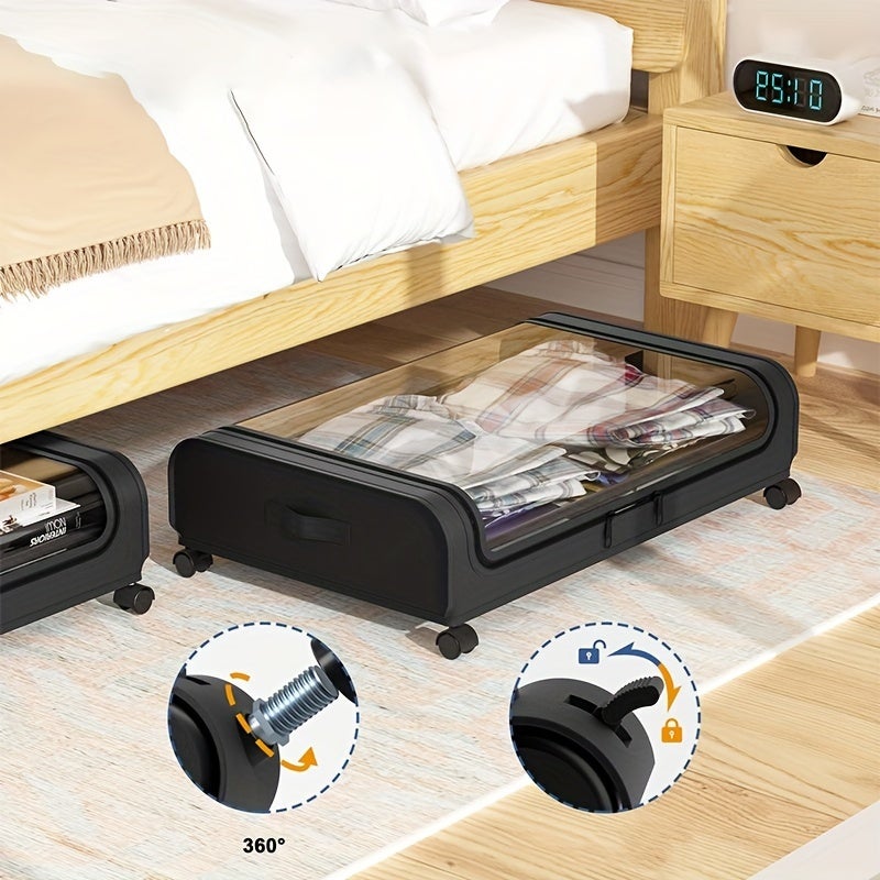 1 panier de rangement grande capacité sur roulettes, bac de rangement sous le lit pour vêtements, livres, jouets, couvertures et literie, noir - 2
