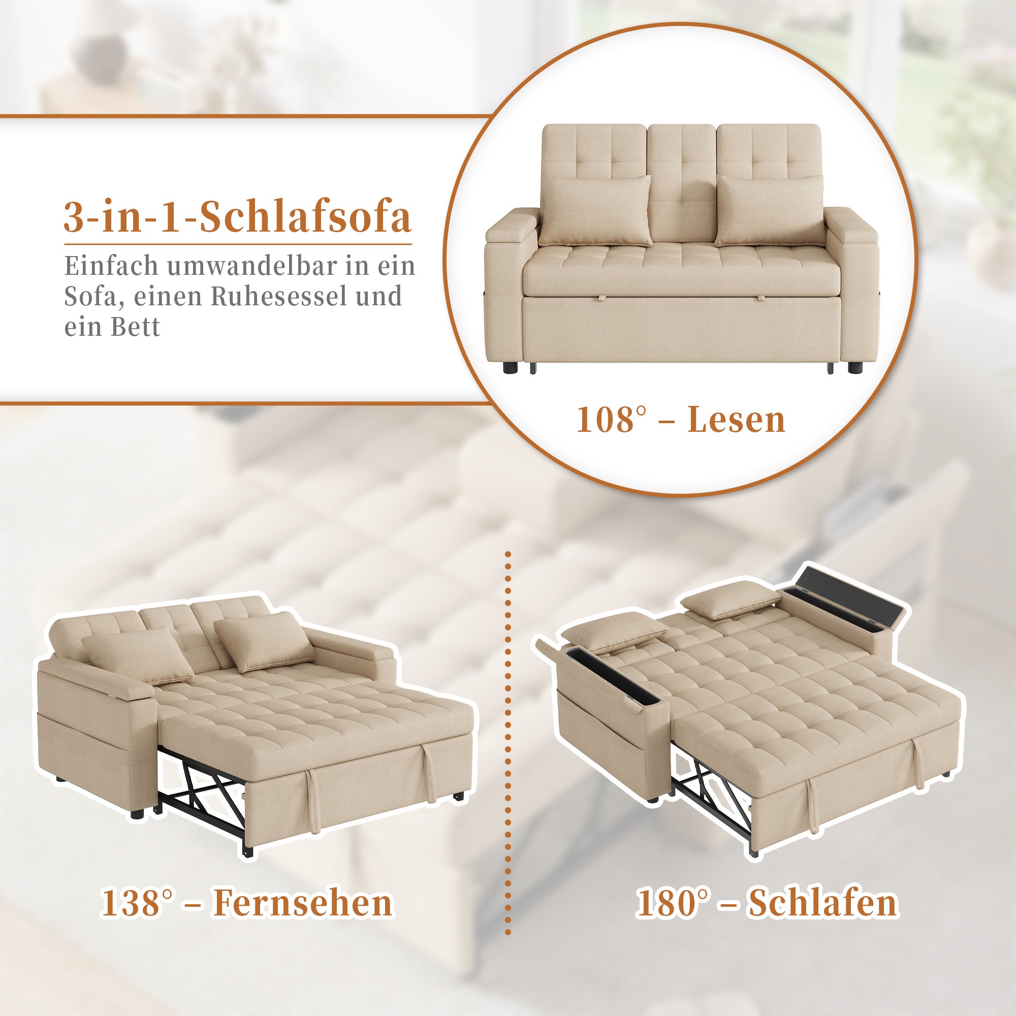 Canapé convertible 2 places avec rangement et dossier réglable, canapé pliant - 159 x 142.5 x 92 cm - Tissu en coton-lin - Beige - 3