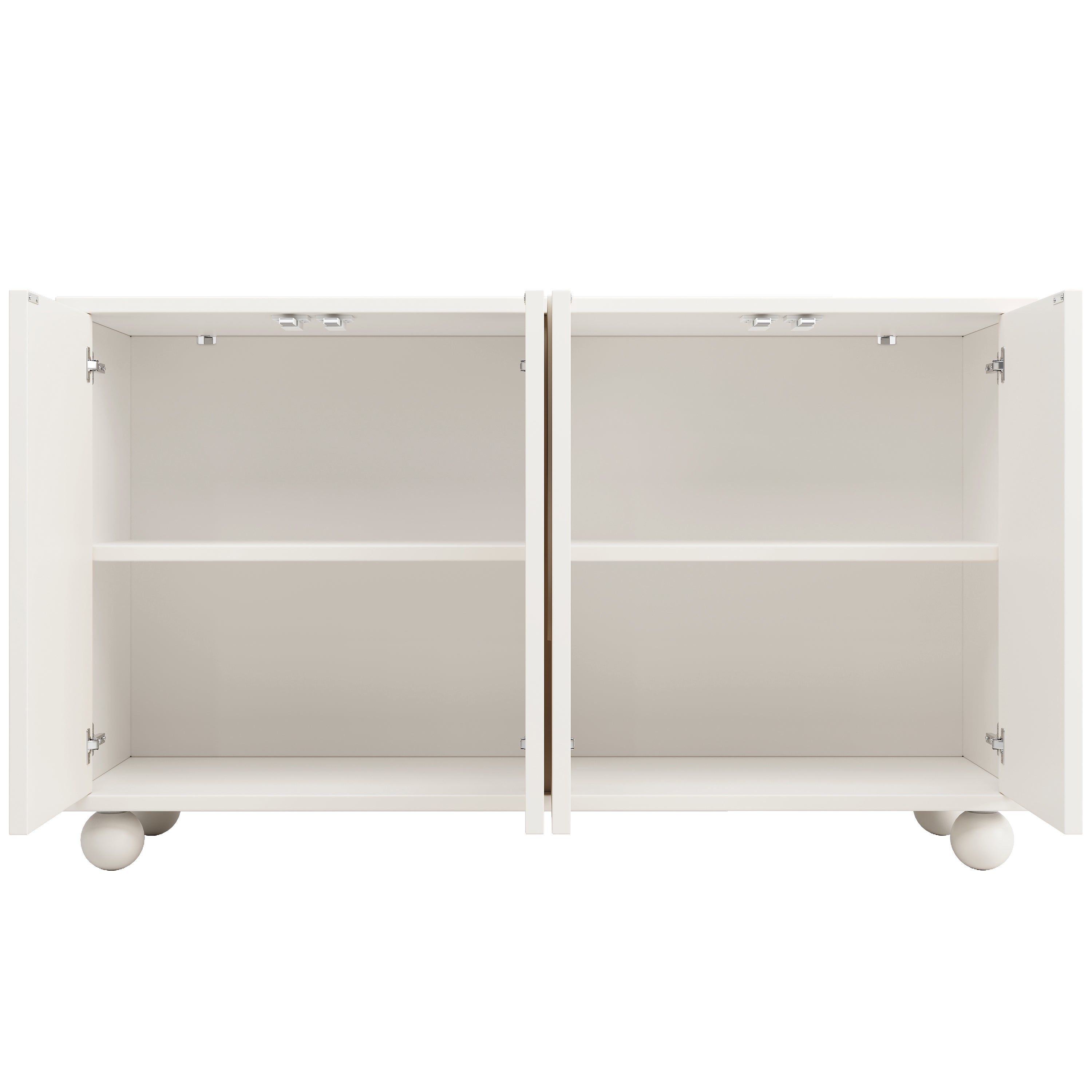 Komoda niska z 4 drzwiami - 120 x 35 x 71 cm - Regulowane półki - Płyta MDF i okrągłe nogi - Do jadalni i salonu - Biała - 9