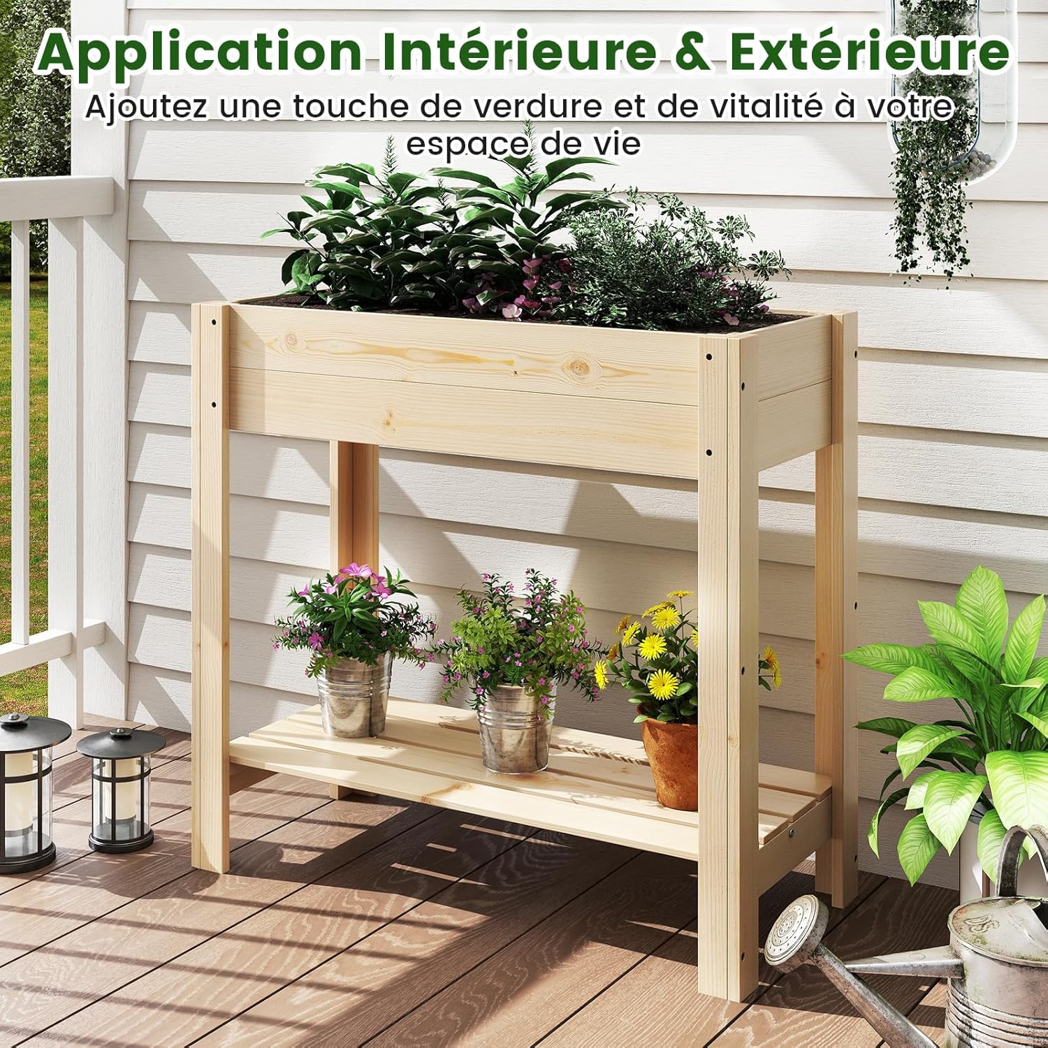 Jardinière Surélevée en Bois avec Pieds, Lit de Jardin avec Étagère de Rangement et Trous de Drainage, Conteneur (81 x 37 x 77 cm) - 9