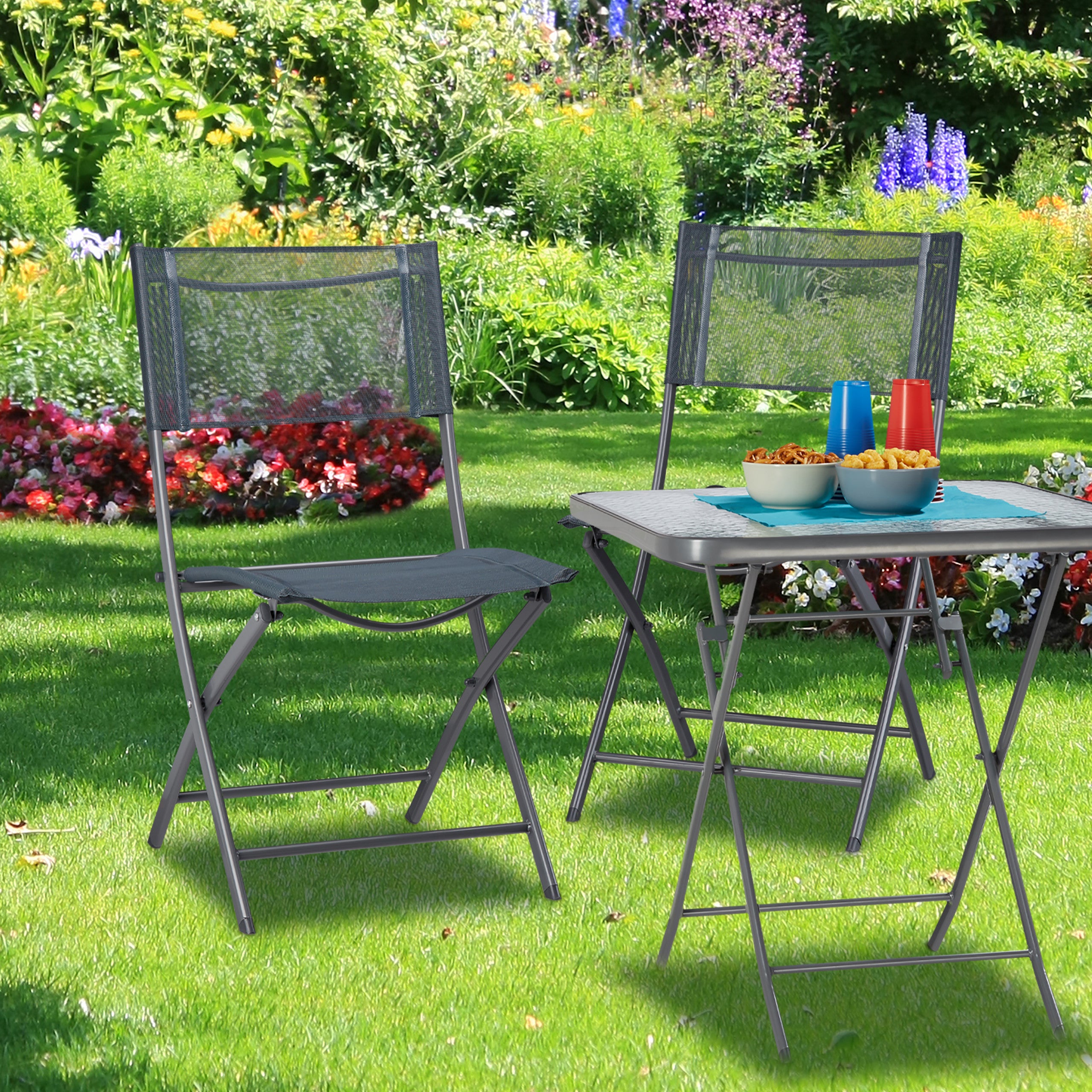 Yaheetech Set 2 Sedie Da Giardino Pieghevoli Con Braccioli - Telaio Metallo, Tessuto Grigio, Portata 100kg