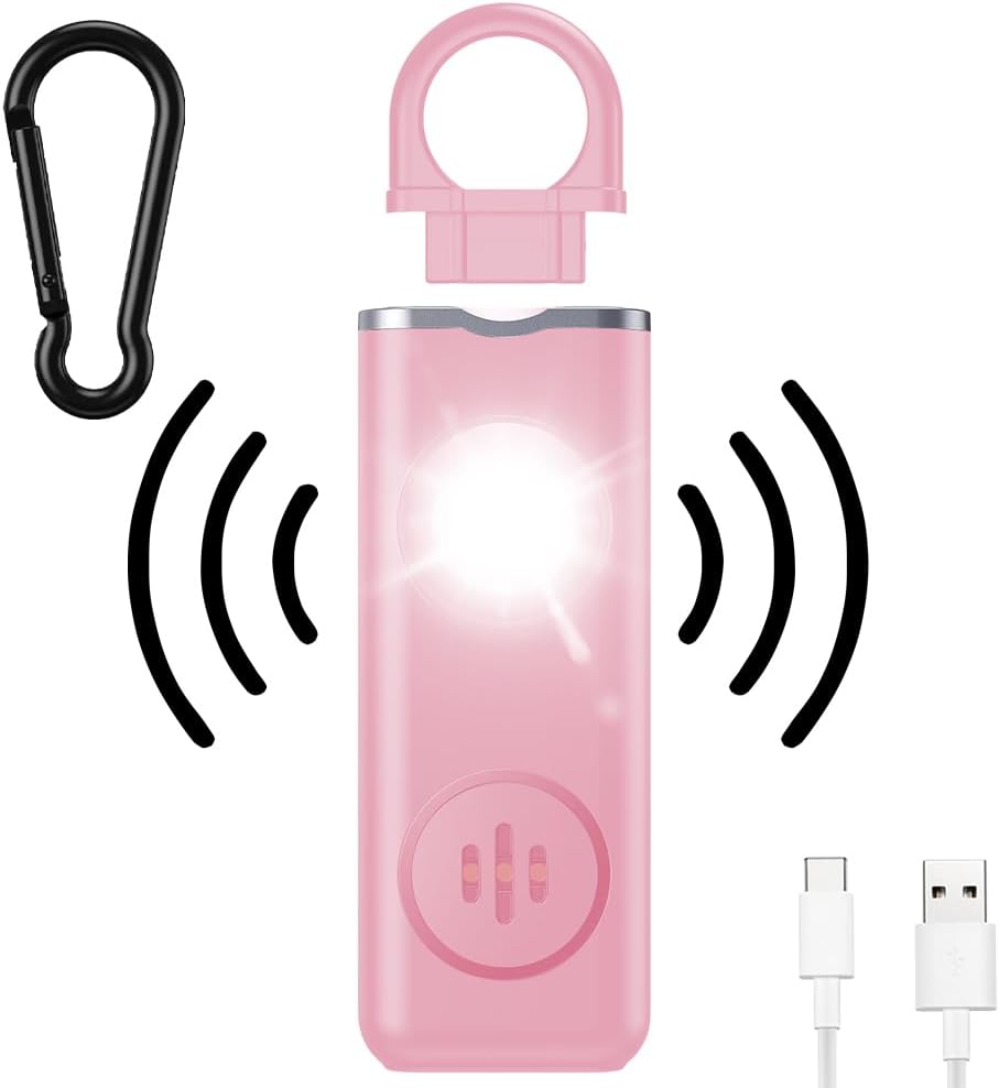 Alarm osobisty, kieszonkowy alarm 130 dB z diodą LED, alarm antynapadowy, brelok do kluczy, alarm samoobrony, różowy