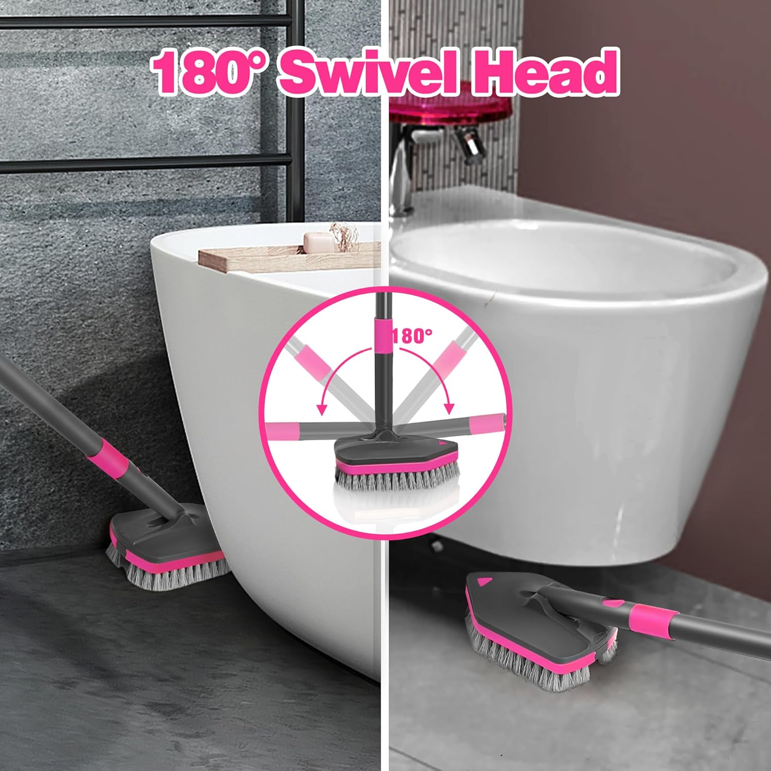 Brosse de nettoyage, brosse à récurer avec long manche télescopique, 142 cm, 4 têtes de lavage pour nettoyer salle de bain, baignoire, sol, plinthes, - 4