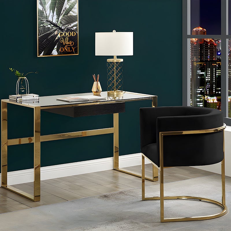 Krzesło z podłokietnikami PERIA marki Pascal Morabito – welur i metal – kolor czarny i złoty