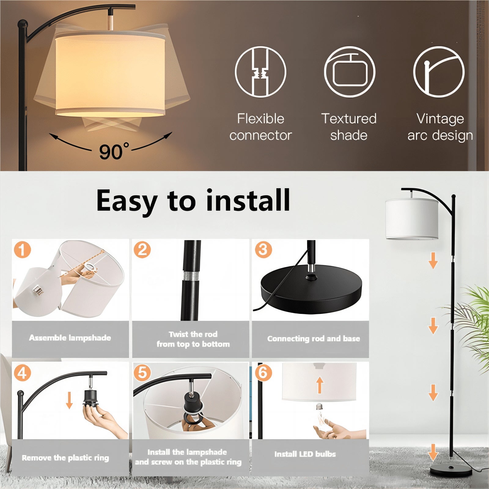 Lampadaire LED pour salon, lampadaire moderne avec abat-jour, lampes hautes avec interrupteur au pied, 3 températures de couleur (ampoule E27 incluse) - 9