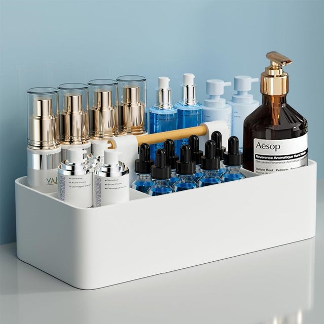 Scatola portaoggetti impilabile in plastica per cosmetici con manici, adatta per bagno/cucina/soggiorno ecc. (bianca).