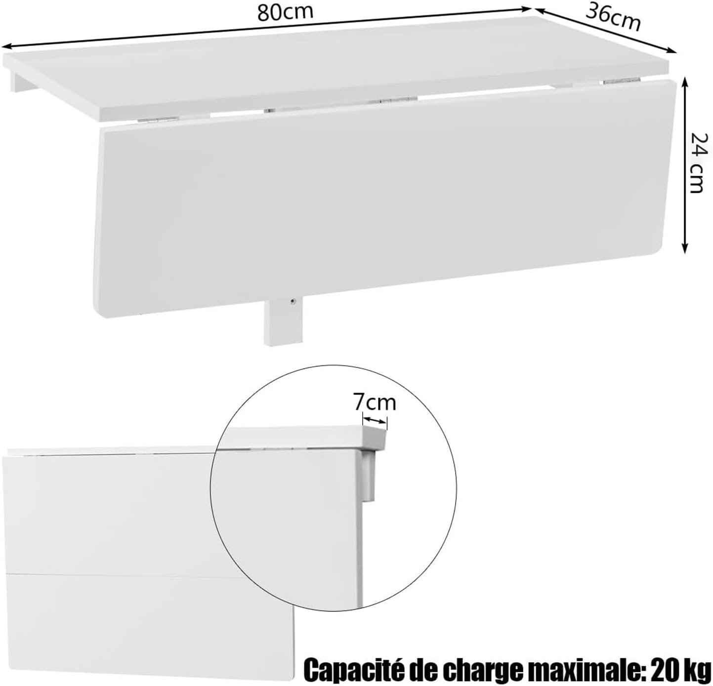 Table Murale Rabattable Pliable en Bois, Support Mural Pliant, Double Pliage, Gain de Place, Charge 20KG, 80 x 60 x 45 CM (Blanc) - 3