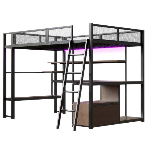 Lit Mezzanine 2 Place avec LED, Lit Superposé Enfant 140x200 avec fnombreux rangements et poste de travail intégré,Noir(Sans Matelas) - 5