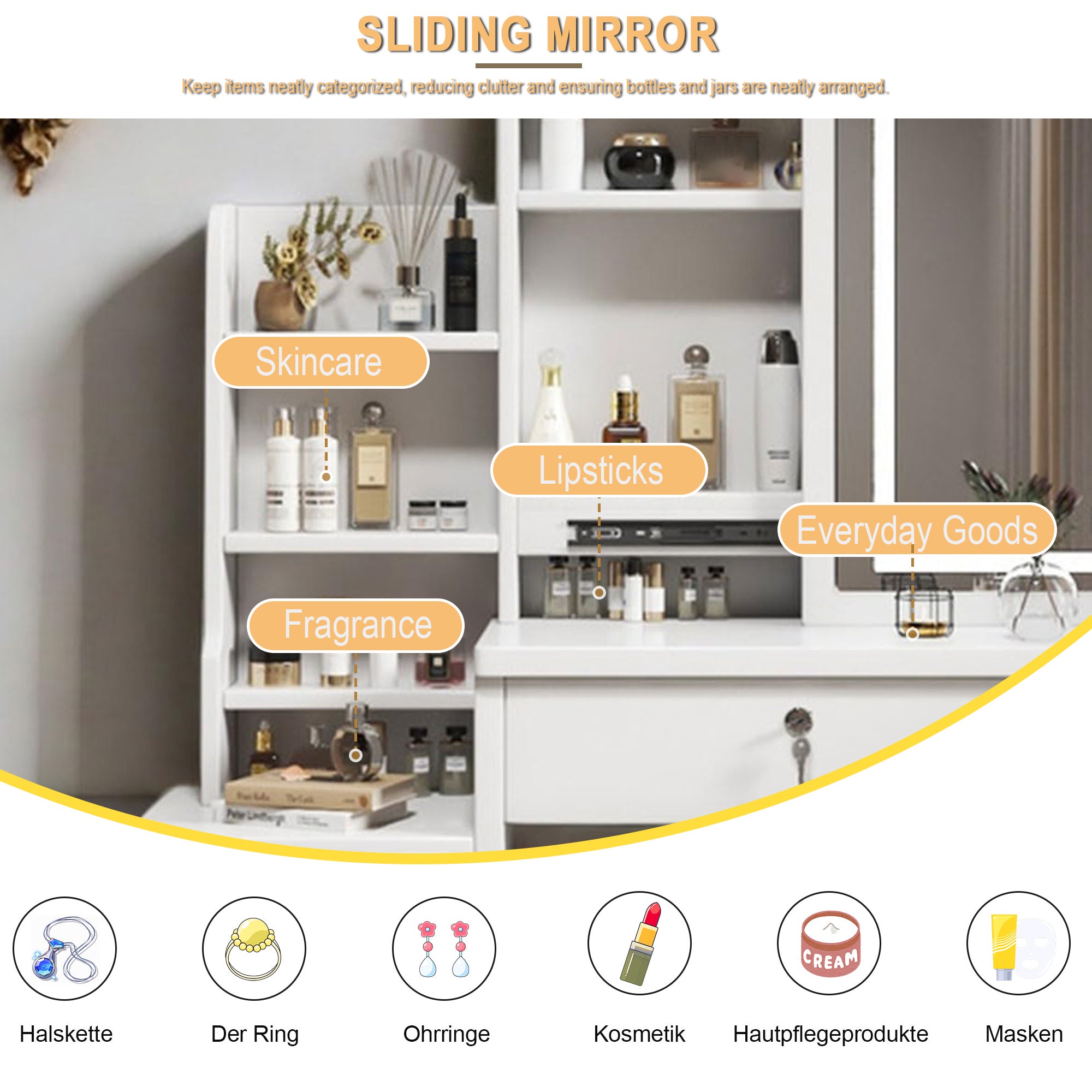 Coiffeuse avec miroir LED en MDF Blanc H. 130 x l. 85 x P. 36 cm - 6