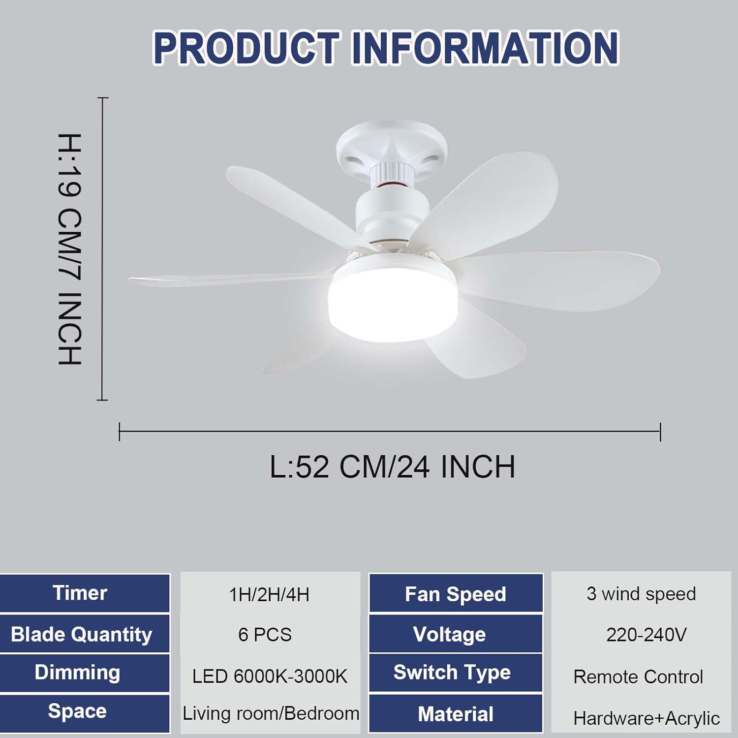 Ventilateur De Plafond Lumiere Avec Telecommande Silencieux Plafonnier Ventilateur De Plafond Port E27 Dimmable Ventilateur Lumineux,52CM,blanc - 5