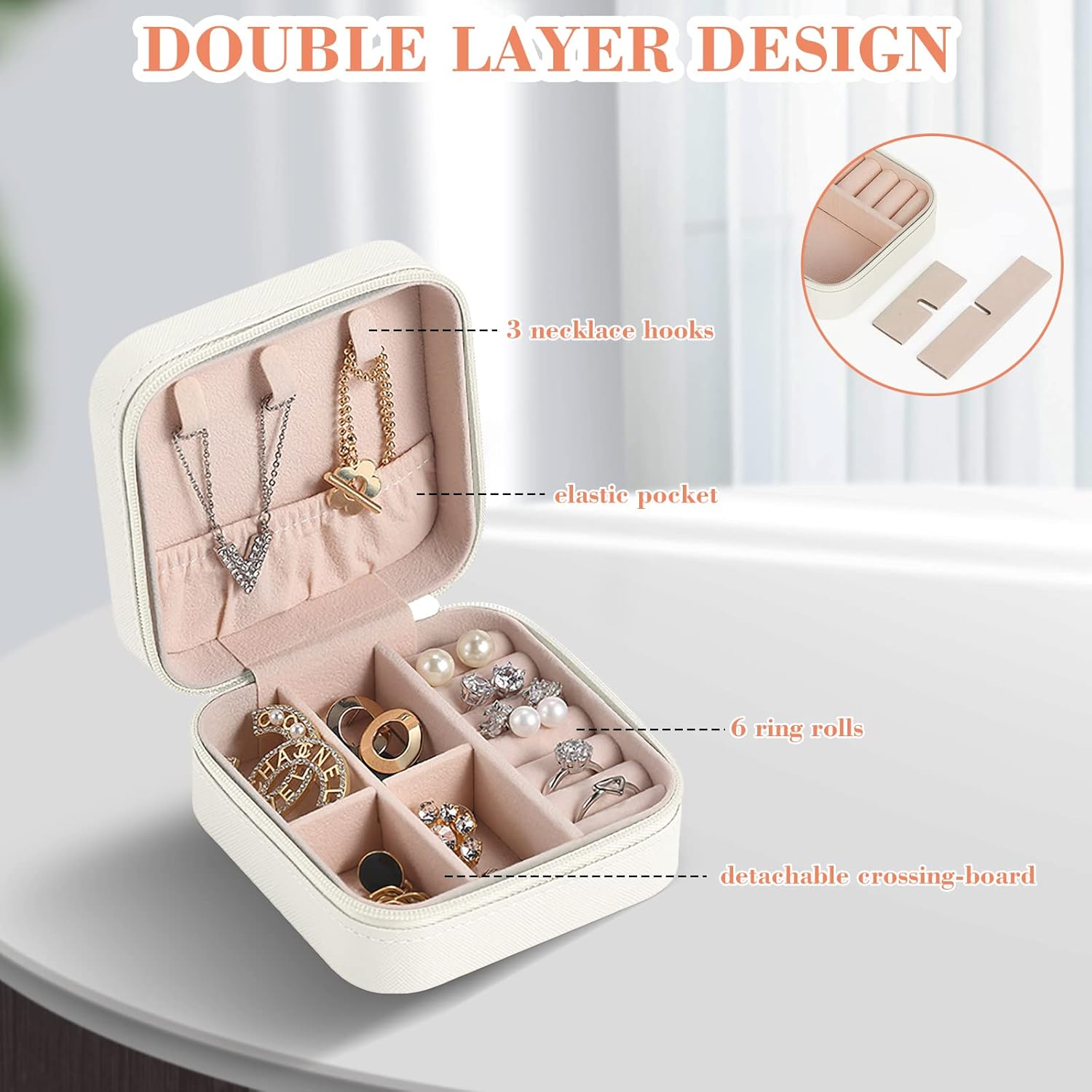 Boîte à bijoux portable, boîte de rangement, boîte d'emballage, boîte à bijoux pour bagues, colliers et bracelets, blanche. - 3