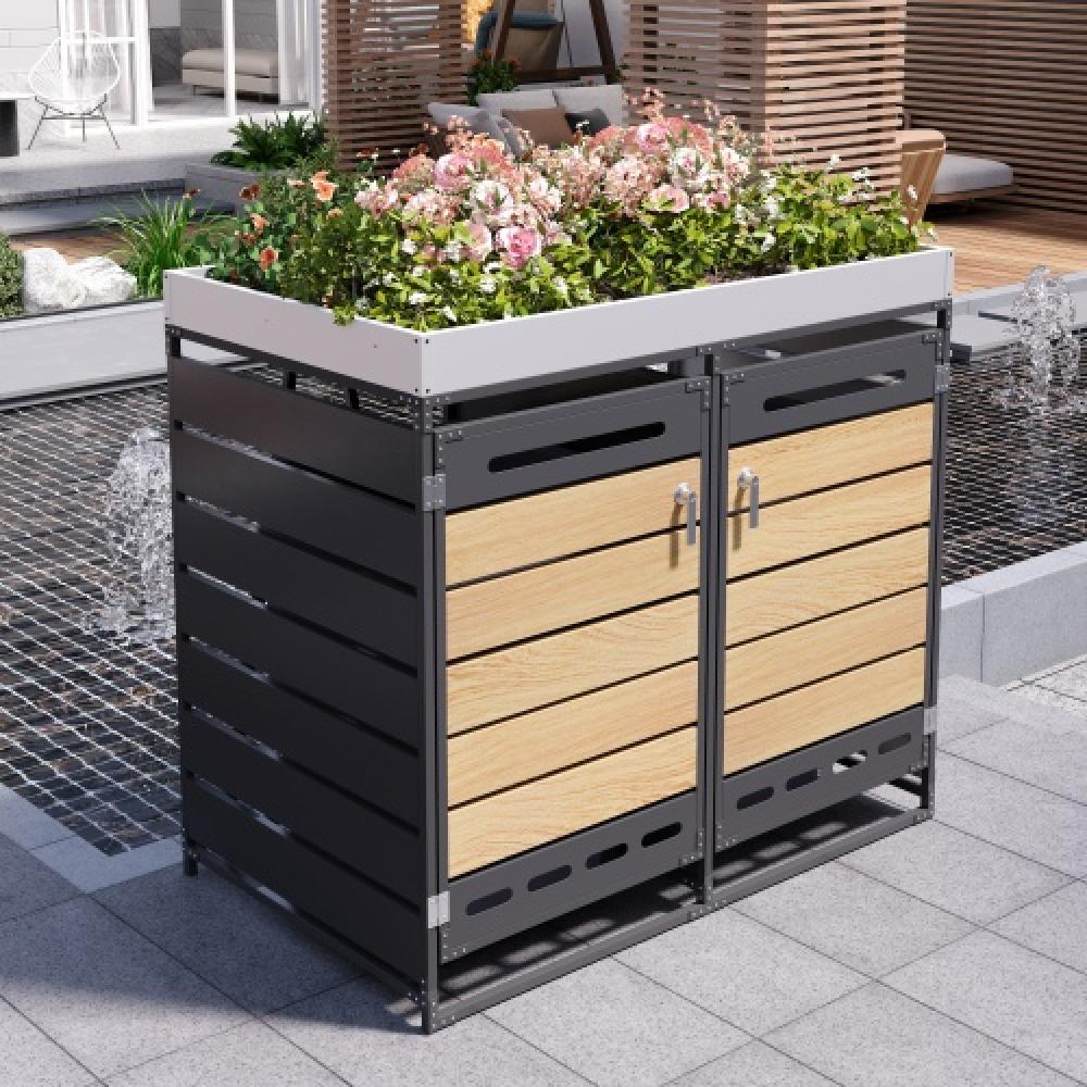 Cobertizo para cubos con jardinera, paneles efecto madera vertical, ventilación ranurada, armario metálico con cerradura