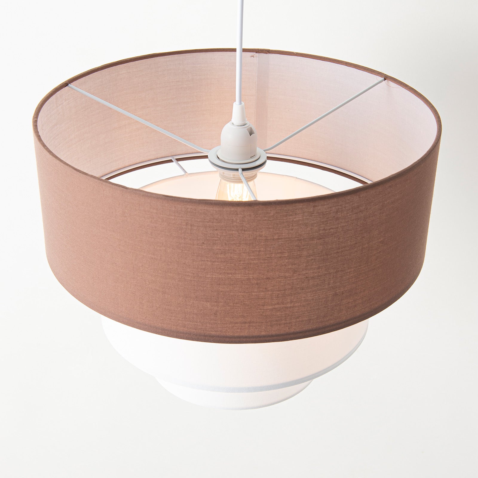 Lampada a Sospensione in Tessuto “NIVELA” a Tre Livelli in Bianco e Marrone Combinati, Ø38 cm x 30 cm, Attacco E27 - 4