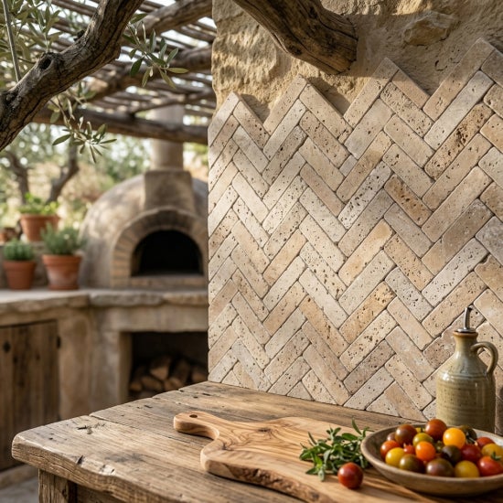 Carrelage sol/mur chevron en travertin beige Mix - 25 x 5 x 1 cm - Vendu par paquet 0,5 m² - C-NEGOCE